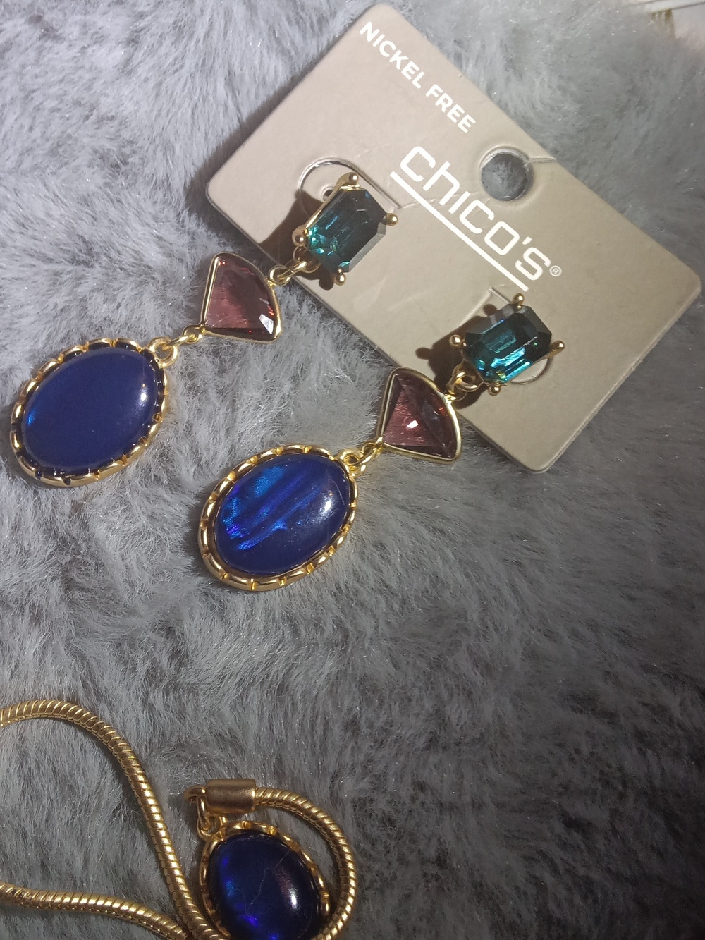 Chico's Gold-Tone Necklace And Earrings with Blue, Green, Pink & Burgundy Gems - Picture 7 of 8